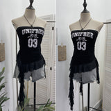 Real Shooting Retro Letter Print Bump Color Palette Vest Body Splicing Mesh Yarn With Hottie Top 8089