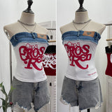 Slap Strap Thai Babes Letter Print Tat T-Shirt On The T-Shirt With Blouse On The T-Shirt With Denim Splicing Short-Term Vest 23098