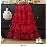 New Heavy Industry Lace Cake Skirt Long Dress Sweet Wind High Waist Wood Ear Mesh Skirt 8103