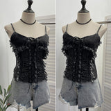 Real Shooting Do The Old Fur Side Of The Denim Splicing Pu Skin Lace Sling Vest Short Without Sleeve Top 618
