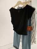 Real Shooting French Texture Folded T-Shirt Design Small Thin Word Collar Collar Collar Collar Collar Collar Short Blouse