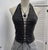 Real Shooting Cowboy Hollow Wearing Rope Strap Hanging Neck Sling Vest Hottie Sexy Bare Back Short Sleeveless Top 827