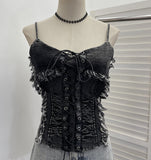 Real Shooting Do The Old Fur Side Of The Denim Splicing Pu Skin Lace Sling Vest Short Without Sleeve Top 618