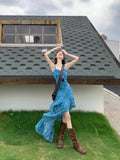 Holiday Style Retro Floral Sling Dress Women's Summer Design Irregular Dress To Collect Waist Thin A Skirt