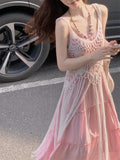 French Gentle Pink Cake Dress Women's Summer Bohemian Holiday Wind Folded Tunic Sling Skirt