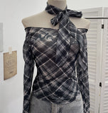 Real-Patting Mesh Lattice Letter Print Word Collar Shoulder Long-Sleeved T-Shirt Y2k Ribbon Over The Spice Girl Blouse 8072