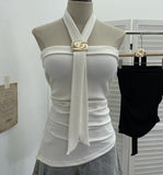 Real-Shooting Thai Hottie Chest Vest Metal Decoration Hanging Neck Folding Irregular Opening Top 9292