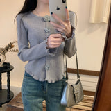 Autumn New Lace Open Shirt Sweater Early Spring Fresh And Gentle Repair Button Three-Dimensional Flower Knitting Top