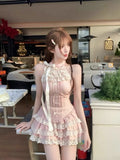 Summer Sweet Hottie Pure Wind Pink Splicing Lace Sleeveless Neck Tops Show Thin Pony Cake Skirt Two Sets