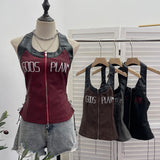 Real Shooting Babes Hanging Neck Pu Embroidered Sling Sling Vest One-Swaive Zipper Short Sleeveless Top 1366