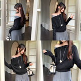 Great-Looking Light Temperament Slanted Shoulder Long-Sleeved Knitted Shirt Woman 2025 New Texture Early Autumn Design Feel Top