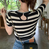 Sweet Hottie Black And White Striped Shoulder Short Sleeve T-Shirt Girl Summer Hollow Niche Knitted Shirt High-Waist Sexy Short Top