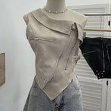 Slap Song Suit Hottie Buckle Irregular Zipper Slanted Shoulder Pu Coat Short Leather Vest Woman 2779