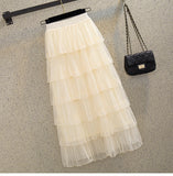 Net Yarn Skirt Mid-Length Women 2025 New Autumn And Winter Super Fairy Layer Cake Skirt White Long Skirt Over The Knee Dress