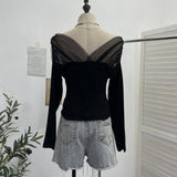 Real Shot With Chest Pad Mesh Splicing V-Neck Long Sleeve Bottom Shirt T-Shirt T-Shirt-Dressed Short-Sized Two-Piece T-Shirt Girl 2806