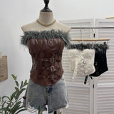 Real Shooting Retro Pu Skin Spliced Hair Bra Bra Strap Chest Punk Hottie Skin Buckle Waist Short Top 2781