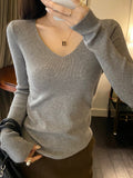 Gray V-Neck Bottom Shirt Women's New Tattoo Sweater Wearing Long-Sleeved Knitting Spring And Autumn Blouse