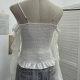 French Retro Pearl Shoulder Lace Lace Top With Bra Cushion Shoulder Long Sleeve Short Shirt 8858