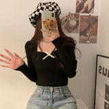 Sweet Three-Dimensional Bow Bow Collar Long-Sleeved Knitted Shirt Women Autumn New Design Sense Of Beauty To Put On The Top