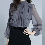 High-End Chiffon Collar Shirt Women's Spring And Autumn New Fashion High-End Feel Leaf Side French Long-Sleeved Shirt Top