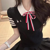 Small Fragrant Temperament Bow Embroidery Clamic College Wind Reduction Jab Knitted Short-Sleeved T-Shirt Women's Tide Top