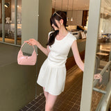 Unique Beautiful Round Collar Small Flying Sleeve T-Shirt Girl 100 Folded Short Skirt Two Sets Of Summer Beautiful And Cute Small Set