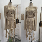 Real Shooting Waste Soil Wading Lotus Leaf Side Tuxeds A Word Shoulder Grinding To Make Old Long-Sleeved Bag Hip Dress 9627