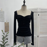 Real Shooting Atmosphere Love Print Net Folded Bow Bow Long Sleeve Bottom Shirt T-Shirt Collar Collar T-Shirt 2831