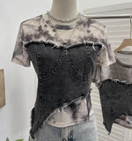 Stylish Denim Splicing Dizzy Mesh Yarn Short-Sleeved T-Shirt Girl Summer Body Short Small Blouse 26171