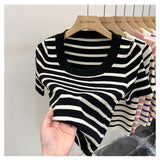 Striped Knitted Short Sleeve Fresh Sweet Simple Design Small Top Lady 2025 Summer New Fashion