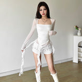2025 New Lotus Edge Splicing Ribbon Mesh Yarn Long-Sleeved T-Shirt Folding Irregular Top