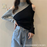 Spring And Autumn New Korean Version Of The Air Design Feeling Hit The Long-Sleeved Knitted Shirt Women Semi-High Collar Bottom Top