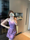 Sexy Fake Two Splicing Lace Sling Vest Women Summer Babes Set Purple Leopard Half-Dress Two Sets