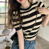 Sweet Hottie Black And White Striped Shoulder Short Sleeve T-Shirt Girl Summer Hollow Niche Knitted Shirt High-Waist Sexy Short Top