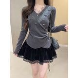 2025 Autumn And Winter Korean Version Pure Desire Gentle Nails Heavy Industry Lace V Collar Andy Velvet Knitted Bottom Shirt Top