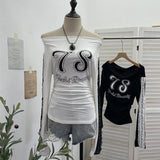 Spice Girl Sports Wind One-Word Shoulder Printed Lace Long Sleeve T-Shirt 1291