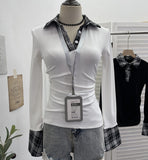 Vintage Check-In Polo Collar Spliced Long-Sleeved T-Shirt Grinder Slimy Wrinkle Bottom Shirt 1390