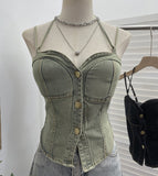 Real Shooting Denim Hanging Neck With Chest Pad Sling Vest Babes Single Buckle Bra Short Sleeveless Top Tide 2757