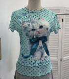 Double-Layer Screen Printed Short-Sleeved T-Shirt For Women's Summer New Dopamine Sweet Moringe Ear Top 2916