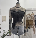 Vintage Dye Mesh Spliced Denim Shoulder Long-Sleeved T-Shirt T-Shirt T-Shirt Dress 2617