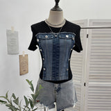 Unique Splicing Denim T-Shirt Girl Summer New Design Sense Short Fake Two-Piece Top Tide 8925