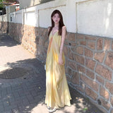 French Fairy Temperament Seaside Holiday Dress Pendant Yellow Dizzling Print V Tie Dress Female Summer