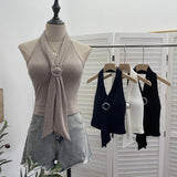 Real Shot With Chest Pad Hanging Neck With Metal Buckle Sling Vest Women Short Knitted Sleeveless Top 9293