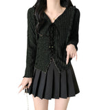 Sweet Babes V Tie With Long-Sleeved Knitted Shirt Girls Autumn New Wooden Ear Splicing Short Thin Niche Tops