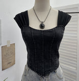 Real Clapping Collarbone Shoulder T-Shirt Women's Summer Mesh Spliced Denim Repair Short Sling Sling Vest 19051