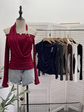 Real Shooting Hottie Shoulder Bead Hanging Neck Cross-Neck Wrinkles Two Long-Sleeved Tops To Repair T-Shirt 2861
