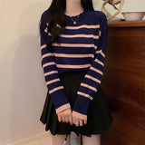 Autumn And Winter Lazy Wind Stripe Round Collar Blouse Korean Chic Chic Age Reduction Long-Sleeved Loose Knitted Shirt Woman