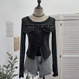 Real Shooting Of The Fur-Sided Denim Splicing Zipper Fake Two-Piece Mesh Top-Tuned Short Perspective T-Shirt 8990