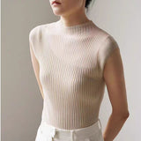 French Translucent Black Knitwear Short-Sleeved Knitted Shirt Female Senior Sleeveless Ice Blouse Thin