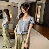 Dopamine Super-Good-Looking Purple Loose Thin V-Neck Short-Sleeved T-Shirt For Women 2025 Unique Beautiful T-Shirt